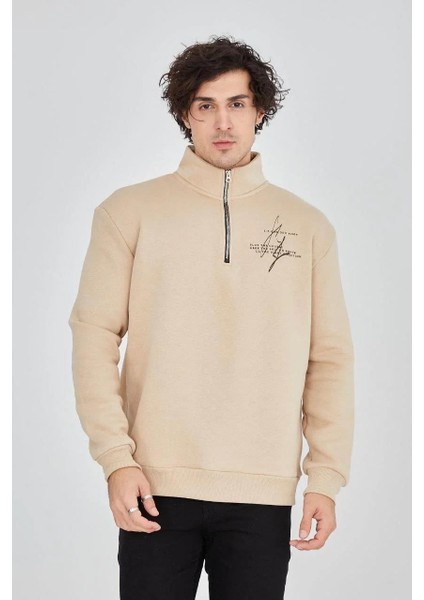Erkek Yarım Fermuarlı Baskılı Sweat - Bej fiyatları