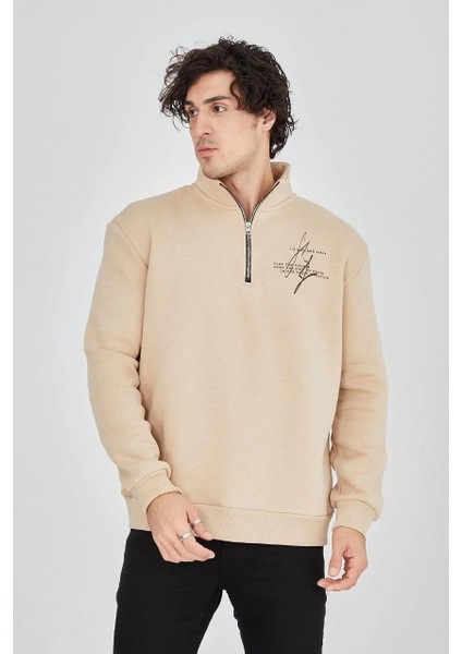 Erkek Yarım Fermuarlı Baskılı Sweat - Bej modelleri