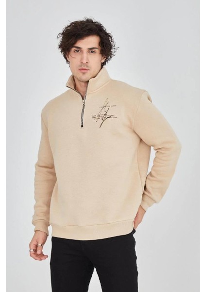 Erkek Yarım Fermuarlı Baskılı Sweat - Bej indirimleri