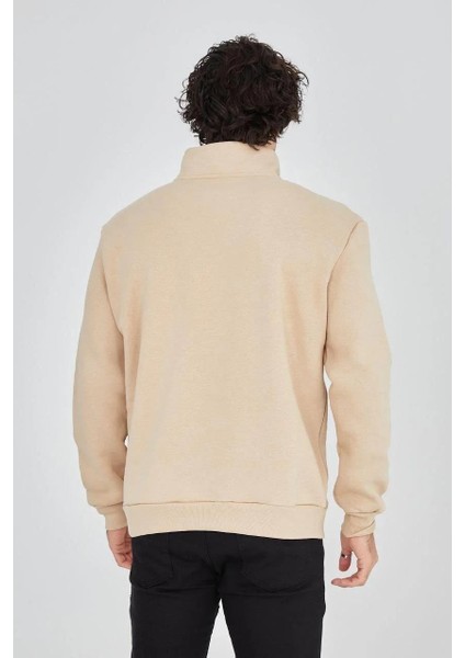 Erkek Yarım Fermuarlı Baskılı Sweat - Bej