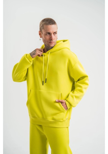 Unisex Double Oversize Kapşonlu Basic Sweatshirt - Sarı indirimleri