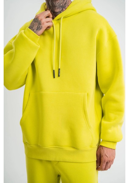 Unisex Double Oversize Kapşonlu Basic Sweatshirt - Sarı