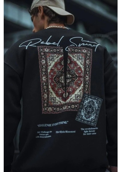Uzun Kol Bisiklet Yaka Baskılı Sweatshirt - Siyah