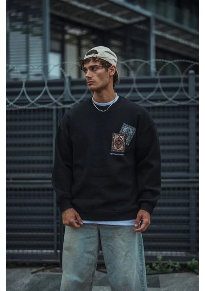 Uzun Kol Bisiklet Yaka Baskılı Sweatshirt - Siyah fiyatları