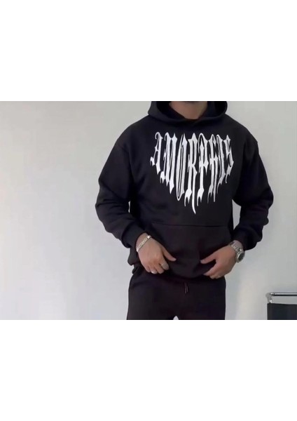 Uzun Kol Kapüşonlu Baskılı Sweatshirt - Siyah modelleri