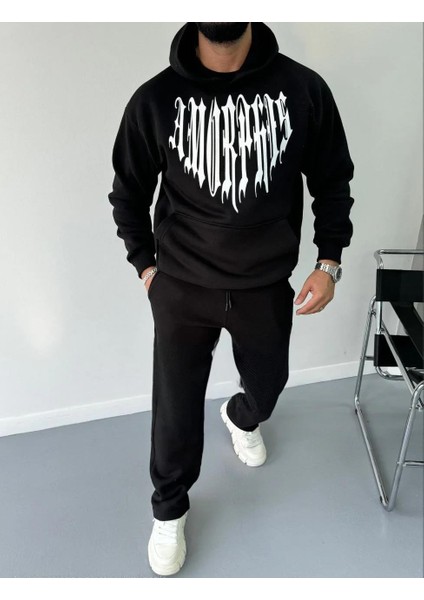 Uzun Kol Kapüşonlu Baskılı Sweatshirt - Siyah indirimleri