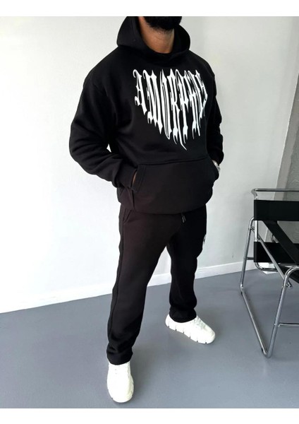 Uzun Kol Kapüşonlu Baskılı Sweatshirt - Siyah