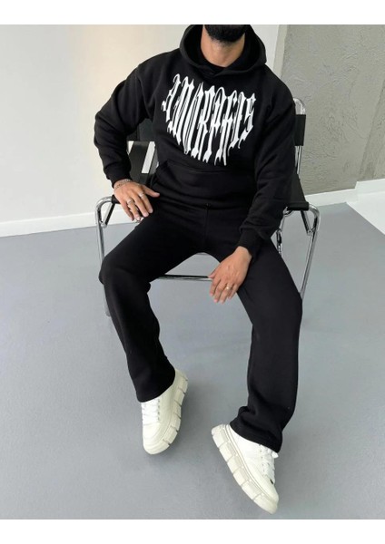 Uzun Kol Kapüşonlu Baskılı Sweatshirt - Siyah