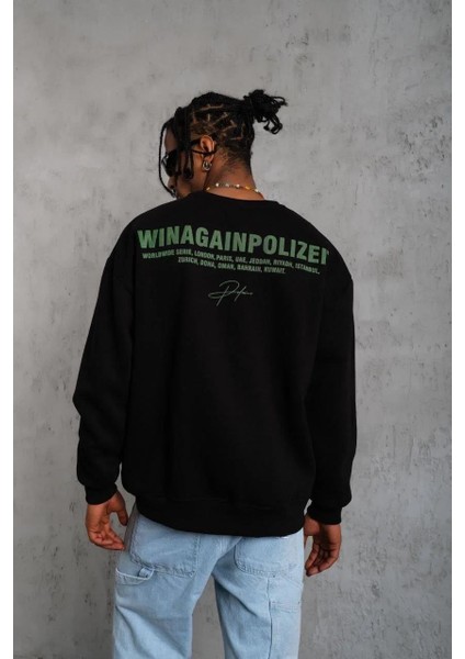 Erkek Oversize Sweatshirt – Siyah Renk | Ön ve Sırt Baskılı, Üç Iplik Içi Pamuklu Kumaş, Rahat Kalıp, Ribanalı Kışlık Sweat | Winagain Polizei Serisi - Siyah fiyatları