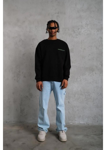 Erkek Oversize Sweatshirt – Siyah Renk | Ön ve Sırt Baskılı, Üç Iplik Içi Pamuklu Kumaş, Rahat Kalıp, Ribanalı Kışlık Sweat | Winagain Polizei Serisi - Siyah fırsatları