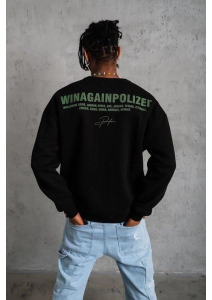 Erkek Oversize Sweatshirt – Siyah Renk | Ön ve Sırt Baskılı, Üç Iplik Içi Pamuklu Kumaş, Rahat Kalıp, Ribanalı Kışlık Sweat | Winagain Polizei Serisi - Siyah indirimleri