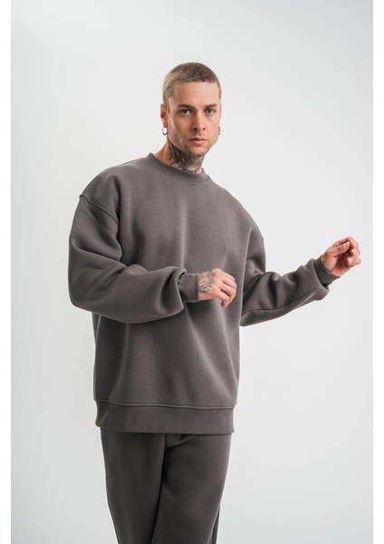Uzun Kol Bisiklet Yaka Basic Sweatshirt - Füme modelleri