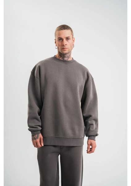 Uzun Kol Bisiklet Yaka Basic Sweatshirt - Füme indirimleri