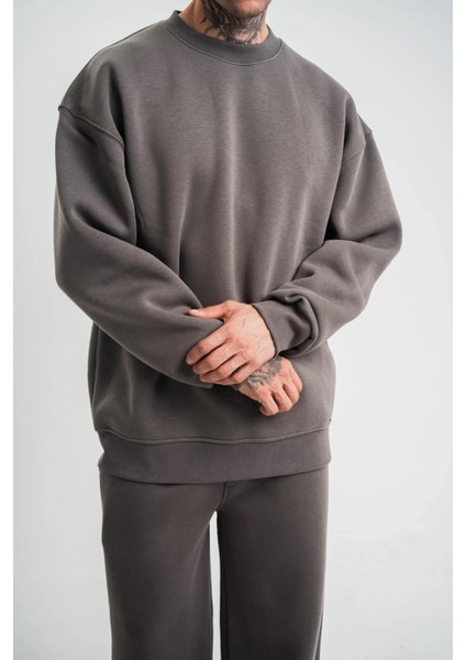 Uzun Kol Bisiklet Yaka Basic Sweatshirt - Füme