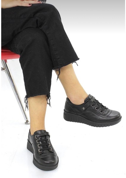 D25KA-3530 Siyah Hakiki Deri Tam Ortopedik Kadın Casual Günlük Ayakkabı