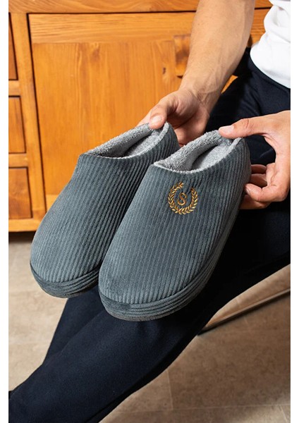 Zaros Merdane Çizgili Peluş Kumaş Içi Tüylü Kaydırmaz Taban Erkek Ev Terliği