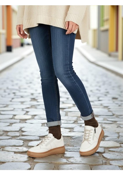 D25KA-125 Bej Hakiki Deri Tam Ortopedik Kadın Casual Günlük Ayakkabı