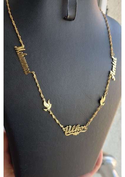 925 Ayar Gümüş 24 Ayar Altın Kaplama 3 Isimli 2 Güvercin Figürlü Kolye