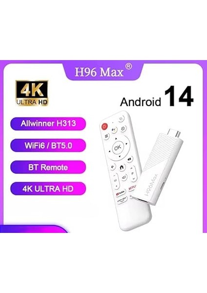 Max H313 Android 14 Tv Stick, 2gb Ram 16GB Rom, Arm Cortex A53 Dört Çekirdek, 4K Uhd, Wifi 6, Dahili Chromecast, Google Play Oyunları, 1*hdmı, 1*usb 2.0 fırsatları