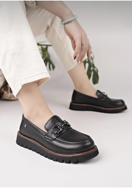 D25KA-3240 Siyah Hakiki Deri Tam Ortopedik Kadın Casual Günlük Ayakkabı