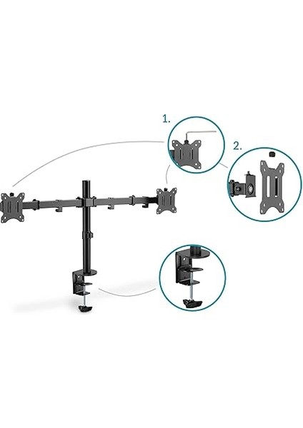 Monitör Tutucusu - Masa Kelepçesi - 2 Monitör - 32 Inçe Kadar - 3x 8 Kg'a Kadar - Vesa 75X75, 100X100 - Siyah indirimleri