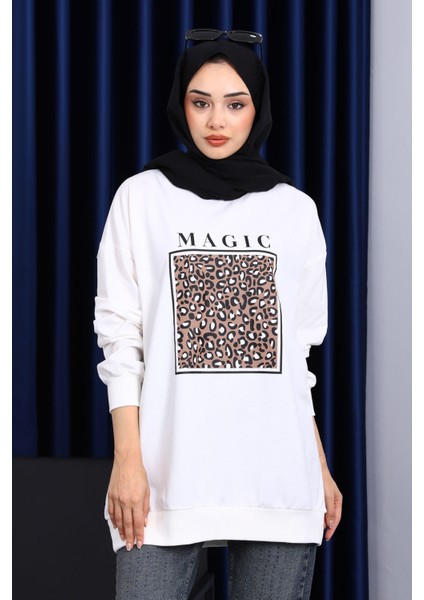 Ekru Bisiklet Yaka Baskılı Sweat