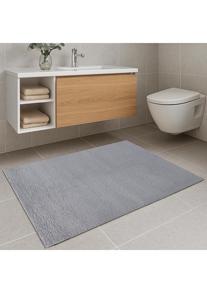 Home Gri Peluş Banyo Paspası | Kaymaz Tabanlı, Yumuşak Doku | Makinede Yıkanabilir | 4 Farklı Ölçü Seçeneği (40X60 Cm)