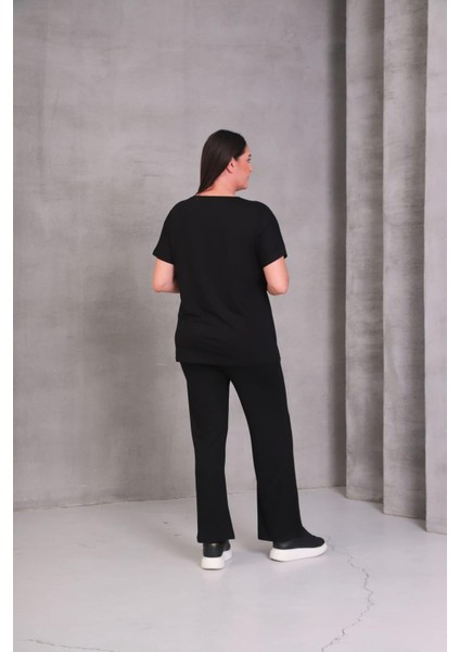 Kadın Büyük Beden Siyah, Taş Detaylı Bluz, Paça Taş Detaylı Bel Lastikli Cepli Pantolon 2li Takım fiyatları