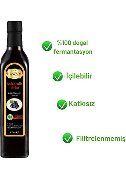 Hanzade Bitkisel Balzamik Sirke 500 ml x 3 Adet Doğal Fermantasyon Içilebilir Katkısız Cam Şişe