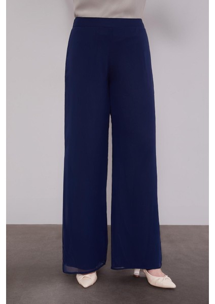 Lacivert Bol Paça Şifon Pantolon