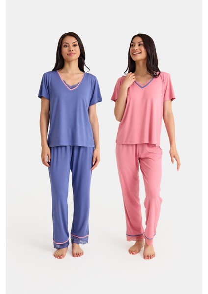 Dream Mavi/pembe V Yaka Dantel Detaylı 4 Parça Pijama Takım Set