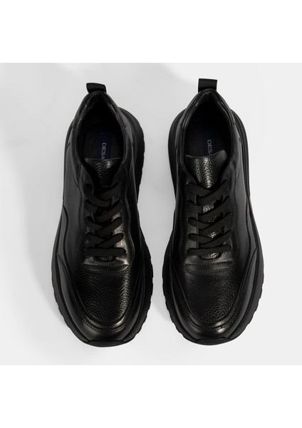 Erkek Siyah Bağcıklı Kalın Tabanlı Deri Sneaker