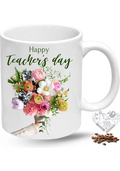 Öğretmenler Günü Hediyesi Gül Buketi Baskılı Porselen Kupa Bardak