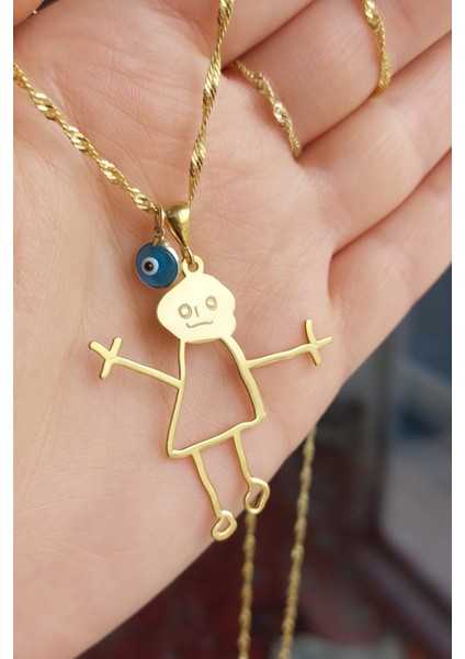 925 Ayar Gümüş 24 Ayar Altın Kaplama Nazar Boncuklu Çöp Adam Kolye