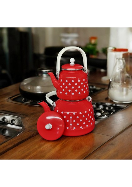 Kırmızı Çaydanlık Takımı Nostaljik 3,5 Alt 1.5 Litre Üst Kırmızı Puantiyeli
