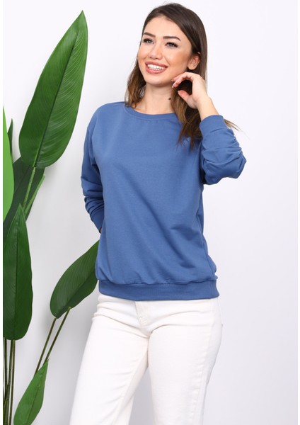 İndigo Bisiklet Yaka İki İplik Sweatshirt