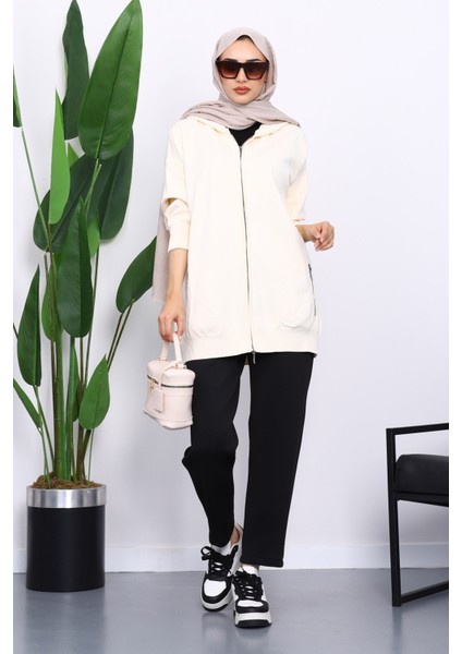 Krem Çift Cepli Fermuarlı Triko Hırka fiyatları