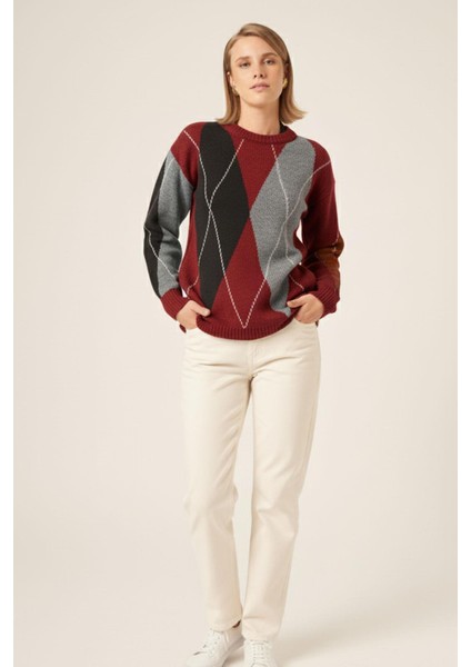 Kadın Baklava Desenli Kazak Bordo 25094