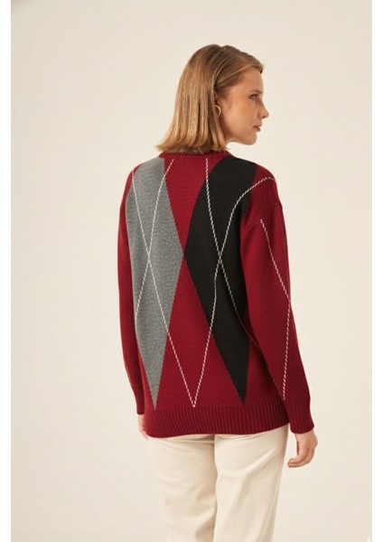 Kadın Baklava Desenli Kazak Bordo 25094 modelleri