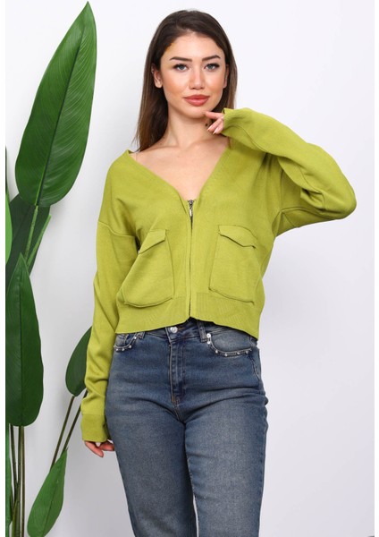 Yağ Yeşili Çift Cepli Fermuarlı Triko Hırka