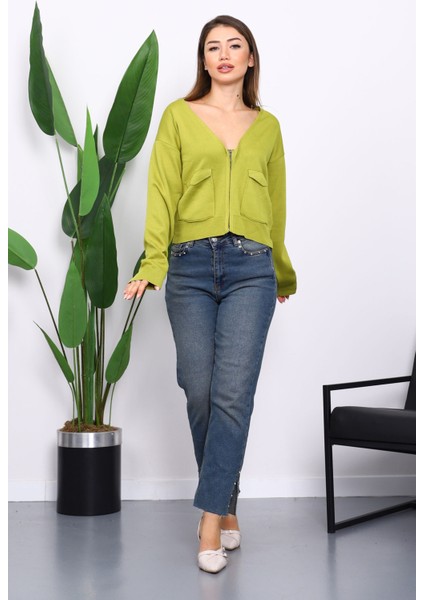 Yağ Yeşili Çift Cepli Fermuarlı Triko Hırka fiyatları