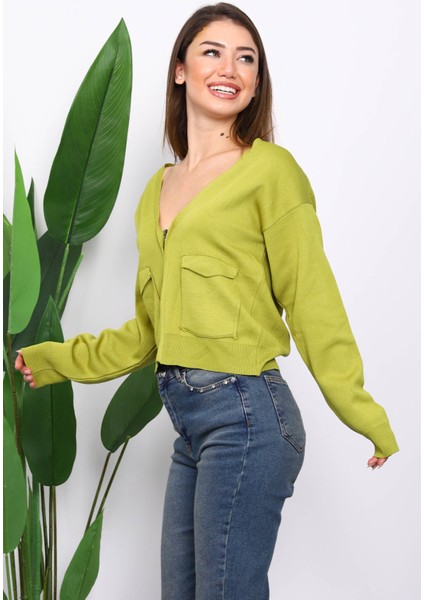 Yağ Yeşili Çift Cepli Fermuarlı Triko Hırka modelleri
