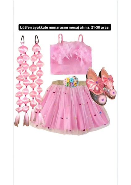 Pembe Tütü Etek Toz Pembe Bluz Üst Alt-Üst Takım + Bubble Saç + Pembe Babet 4 Lü Set