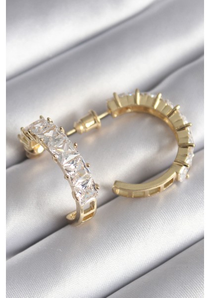 Pirinç Gold Renk Zirkon Taşlı Halka Model Kadın Küpe