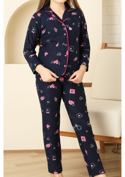 Kız Çocuk Pat Yakalı-Baskılı ve Düğme KAPAMALI-%100 Pamuk Pijama Takımı 12352 fiyatları