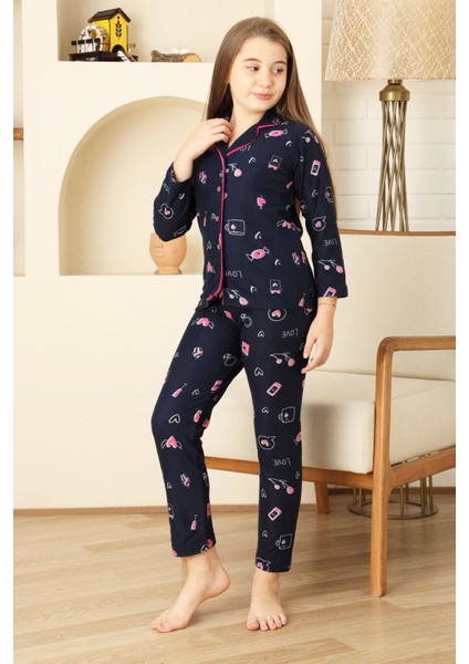 Kız Çocuk Pat Yakalı-Baskılı ve Düğme KAPAMALI-%100 Pamuk Pijama Takımı 12352 modelleri