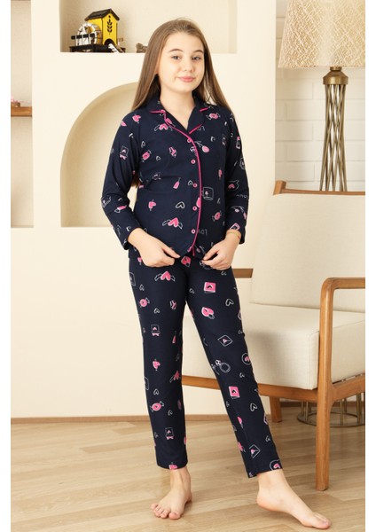 Kız Çocuk Pat Yakalı-Baskılı ve Düğme KAPAMALI-%100 Pamuk Pijama Takımı 12352 fırsatları