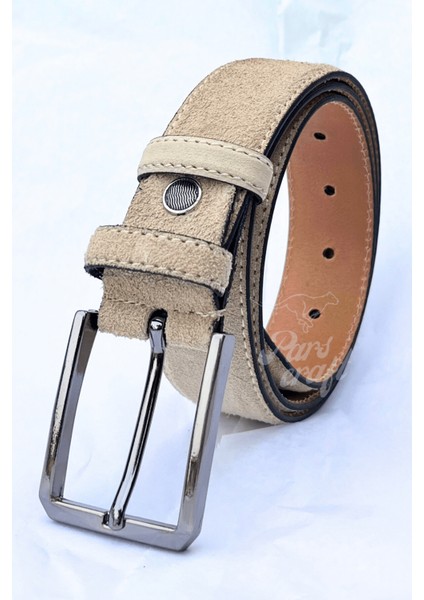 Hakiki Süet Deri Bej Erkek Kemer 3,5 cm Orijinal Klasik Kumaş Pantolon Kemeri