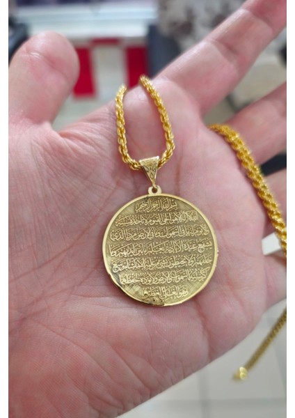 925 Ayar Gümüş 24 Ayar Altın Kaplama Ayetel Kürsi Yazılı Madalyon Kolye