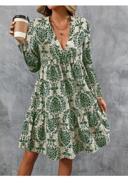 Kadın Uzun Kollu V Yakalı Fırfırlı Mini Süprem Elbise